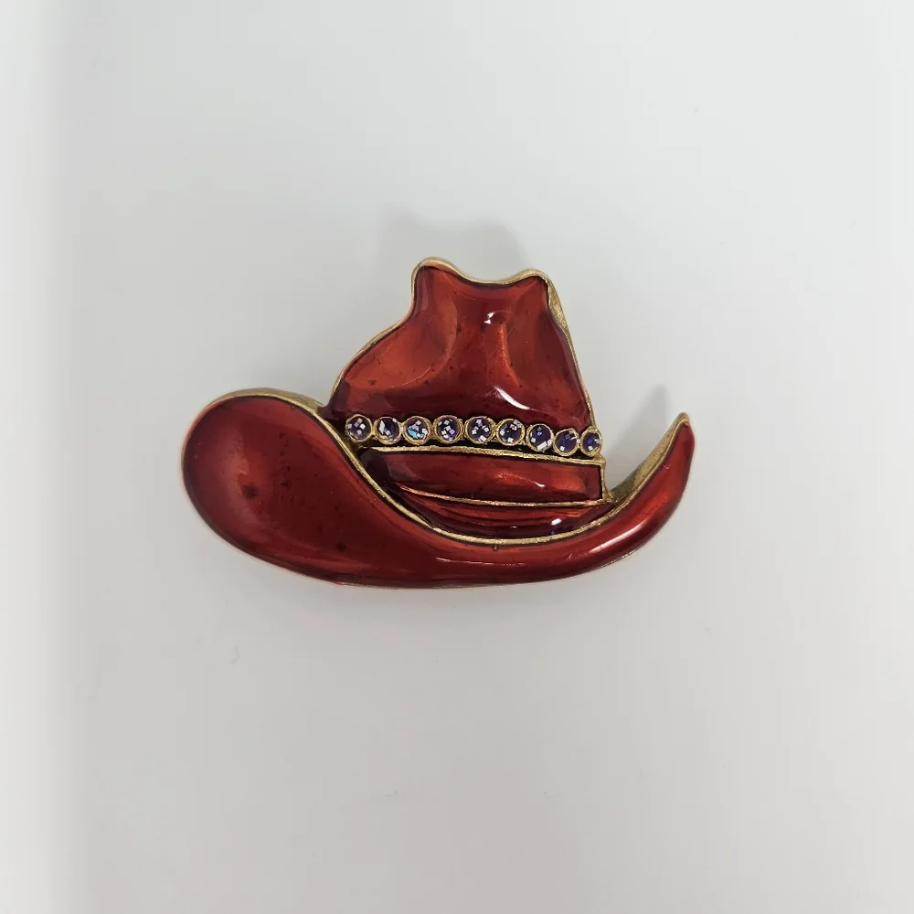 Cowboy Hat Brooch Pin Red Enamel Gold Tone